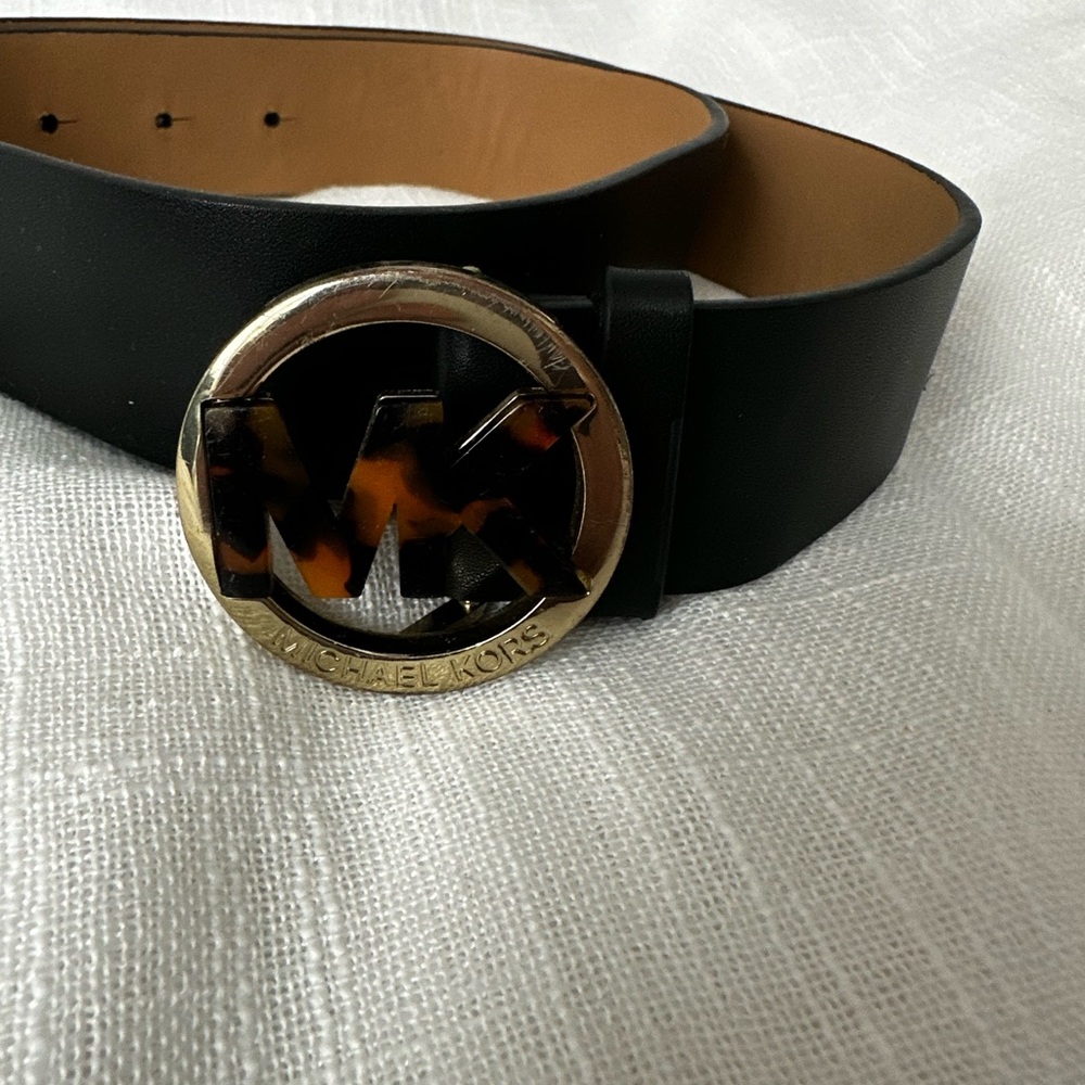 Michael Kors Black Leather Belt with Tortoiseshell MK Logo Buckle